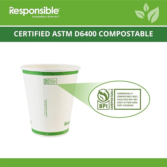 10 oz Paper Hot Cups, Tree-Less™ Compostable Paper Coffee Cups, Extra Strength, Tree-Free and Made Without PFAS, White (1000 Count)