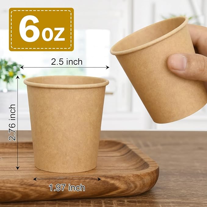 6 oz Kraft Paper Cups - 500 Pcs Disposable Paper Cups Hot Cold Beverage Drinking Cup for Coffee, Water, Tea, Juice, Espresso & Cortado