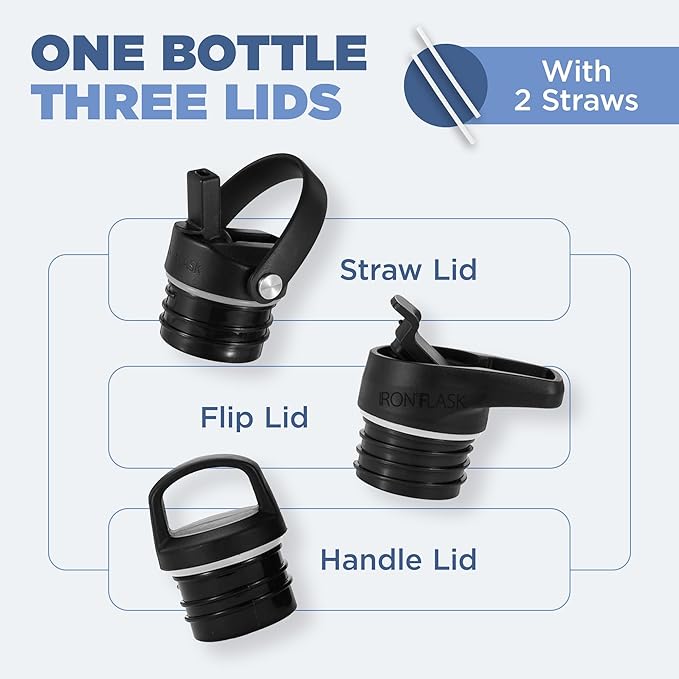 IRON °FLASK Camping & Hiking Hydration Canteens - 3 Lids (Narrow Straw Lid) Leak Proof Vacuum Insulated Stainless Steel - Hot & Cold Double Walled Sports Water Bottle - Dark Night, 24 Oz