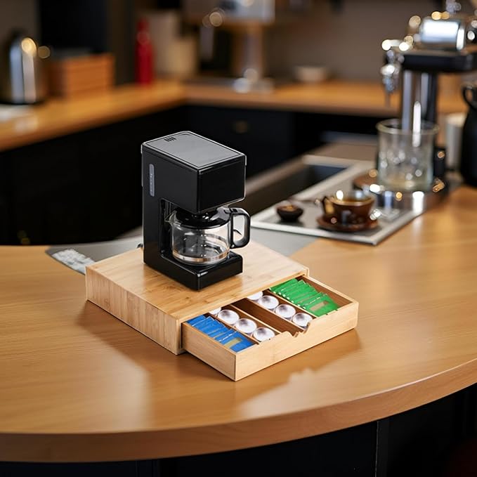 Peohud Bamboo Coffee Pod Drawer, Espresso Coffee Capsule Holder with 5 Adjustable Compartment, Tea Bag Storage Organizer for Kitchen Counter Office