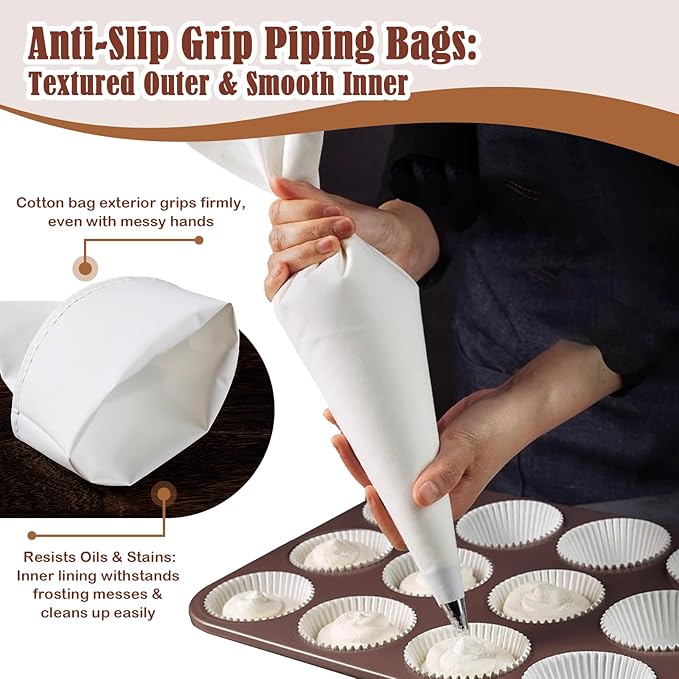 14-Piece Reusable Piping Bags and Tips Set- Cotton Baking Kit with Coupler, Stainless Steel Nozzles,Silicone Cable Ties& Cleaner for Cakes/Cupcakes/Cookies Decorating