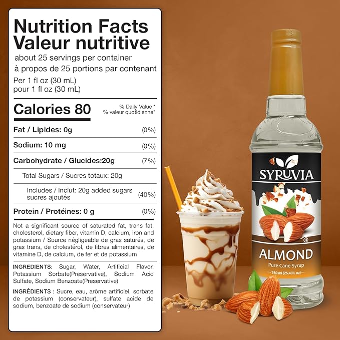Syruvia Almond Coffee Syrup - 25.4 fl oz - Kosher Syrups, Gluten Free, No Coloring, Perfect for Drinks, Soda, Shakes, Desserts, and More.