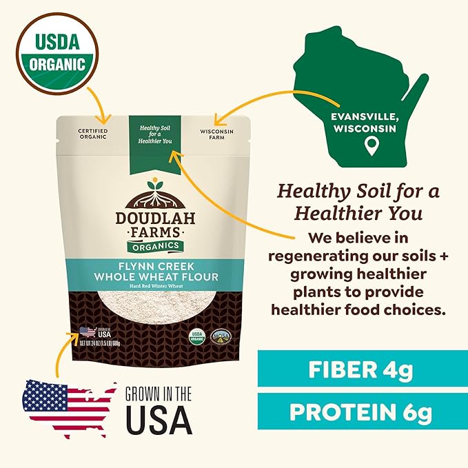 Organic Whole Wheat Flour 25 lb - Non-GMO, Pesticide-Free, Regenerative Organic Certified for Baking Bread, Pizza, Pasta, & More by Doudlah Farms