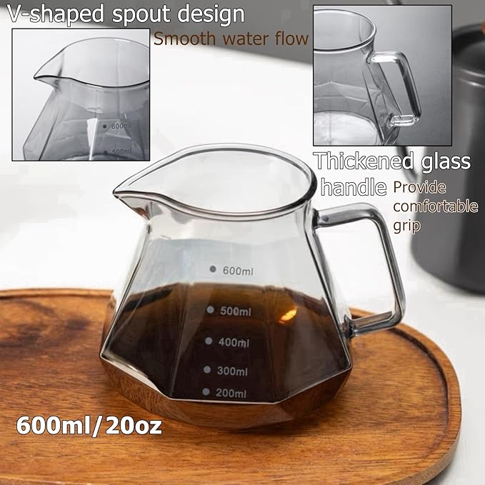 Pour Over Coffee Maker Set 20 oz, 600 ml Borosilicate Glass Coffee Server with Glass Lid, 50 pcs Paper Filter, Walnut Handle Pour Over Coffee Dripper for Home Café Restaurant,Gray