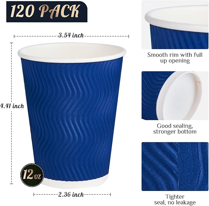 JollyPack 120 Pack 12 oz Paper Coffee Cups, Blue Disposable Beverage Cups with Insulated Ripple Wall for Hot or Cold Drinks