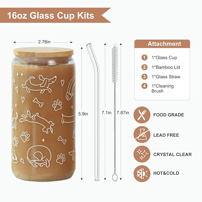 Dachshund Glass Cup with Lid & Straw for Dog Lovers - 16oz Cute Funny Weiner Dog Iced Coffee Cup Smoothie Tumbler Dog Owner Gift for Friend, Mom, Wife, Fur Mom, Pet Mommy, Sister, Coworker