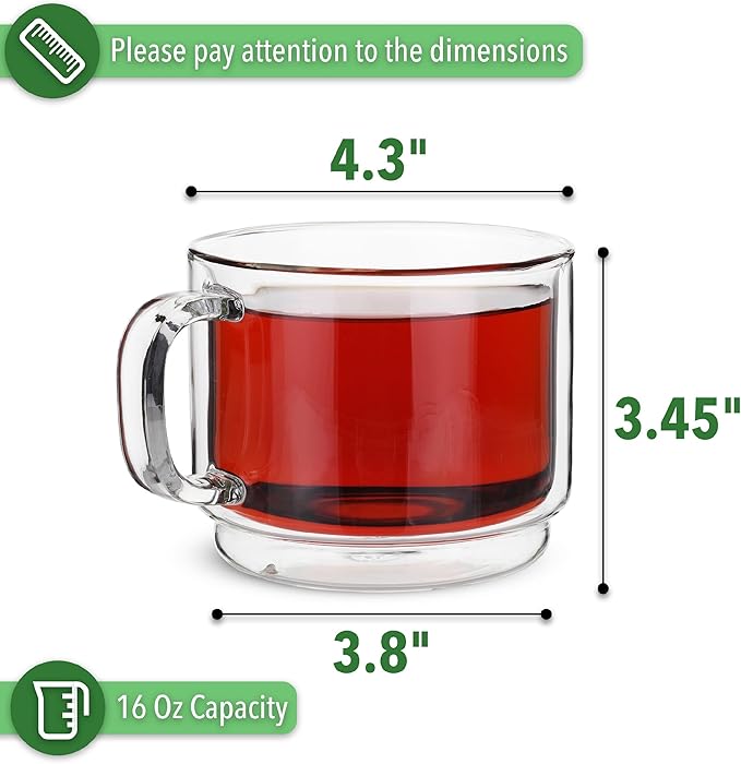 BTaT- Stackable Insulated Coffee Mug, Coffee Glass, Large, Set of 4 (16oz, 500ml), Double Wall Glass Coffee Cups, Tea Cups, Latte Cups, Glass Coffee Mug, Latte Mug, Clear Mug