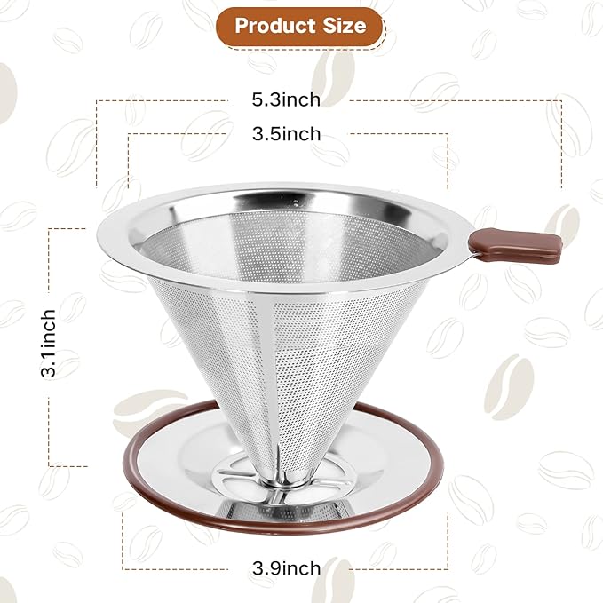 Pour Over Coffee Dripper，Reusable Stainless Steel Drip Cone Coffee Filter, Update Double Ultra Fine Micro Mesh Filter, Professional Paperless Drip Brew Coffee Cone Maker with Cup Stand,1-4 Cup