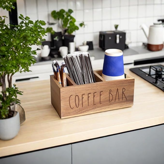 Acacia Wood Station Organizer,Coffee Station Organizer for Cup Lid Stirrers Pod, Disposable Coffee Cup Holder, Farmhouse Accessories Decor, Brown Labeled COFFEE BAR