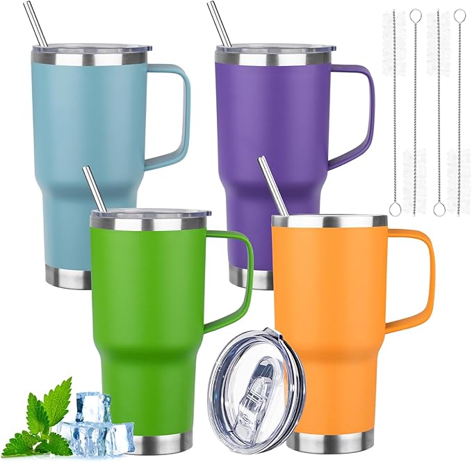 20oz Insulated Tumbler with Handle Stainless Steel Travel Coffee Mug with Lid and Straw Double Wall Vacuum Leak-proof Reusable Thermal Water Cup for Hot and Cold Drinks (Multicolor-5,4 Pack)