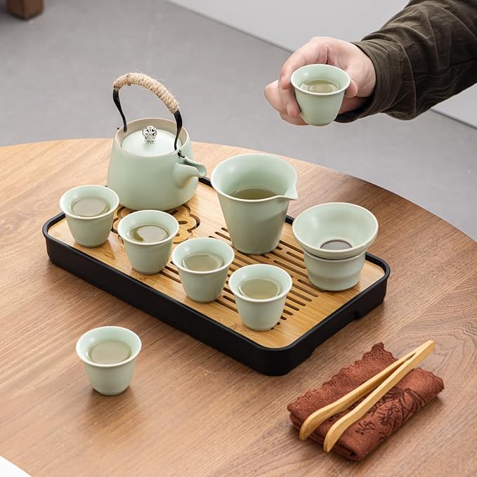 Travel tea set,Portable ceramic tea set,Chinese tea set,Tea sets for adults,Tea pot sets,Portable Travel Bag,Home,Gifting,Outdoor and Office,茶具 (Light green)