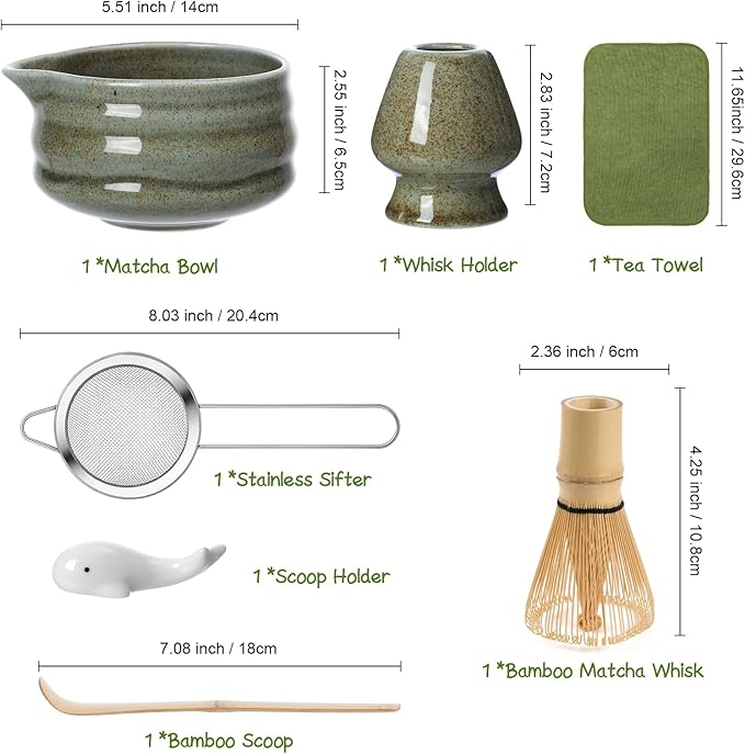 Matcha Whisk Set, 7 Pcs Matcha Kit Includes 18 oz Ceramic Matcha Bowl with Spout, Bamboo Whisk and Holder,Scoop with Stand, Sifter & Tea Towel, Complete Matcha Making Kit