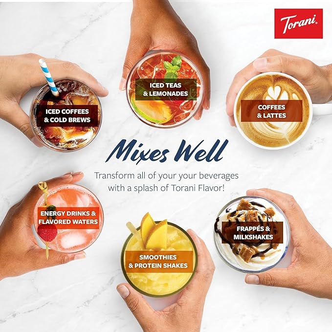 Torani Flavored Drink Syrup Soda Shop Variety Pack, Raspberry, Peach, Vanilla & Strawberry, 25.4 fl oz (Set of 4)