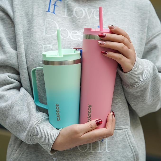 BJPKPK Insulated Tumbler with Handle, 26oz Insulated Tumblers with Lid and Straw, Stainless Steel Metal Water Bottles, Coffee Travel Mugs, Cups, Light Pink