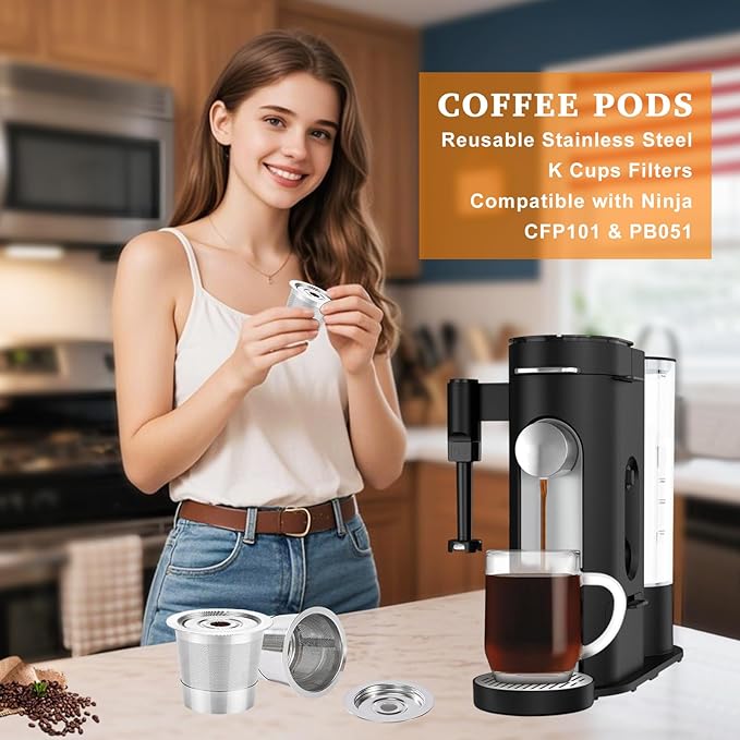 Reusable K Cups Compatible with Ninja Pods and Grounds Coffee Maker, Stainless Steel K Cup for Ninja Dual Brew CFP101 & Ninja Single-Serve PB051/PB041, Reusable Coffee Filter Pods Accessories (4 Pack)