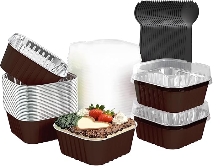 25 Pack Square Mini Cake Pans with Lids,Mini Loaf Pans with Lids,Aluminum Foil Baking Cups,Disposable Ramekins Cupcake Cups,Muffin Tins,Dessert Cups for Wedding Birthday Party Picnics,5oz (Coffee)
