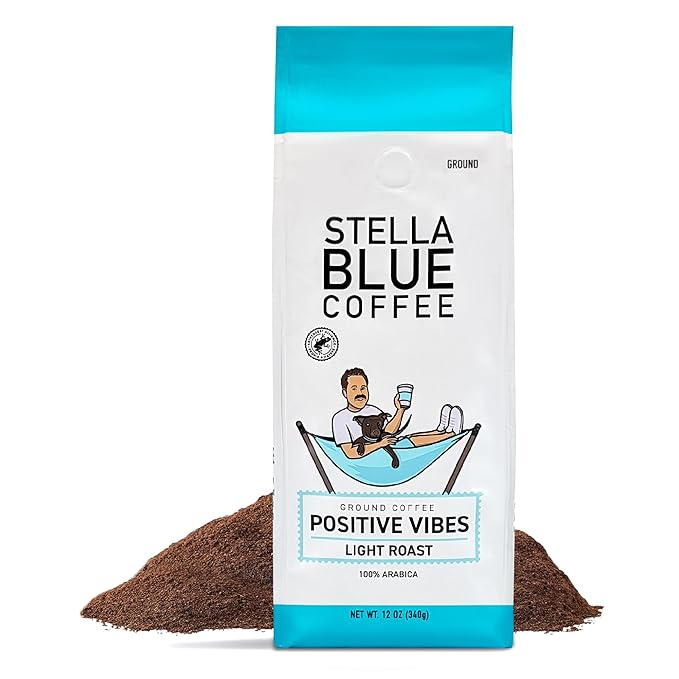 Stella Blue Ground Coffee, Positive Vibes Blend, Light Roast, Vanilla and Fruity Notes, 100% Arabica, Ethically Sourced from Central and South America, 12 oz bag