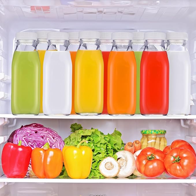 Suclain 10 Pcs 16 oz Glass Juice Bottle with Lids, Clear Reusable Milk Container for Refrigerator, Airtight Heavy Duty Dispenser Drinking Jar for Beverage, Oat, Honey Storage Supply