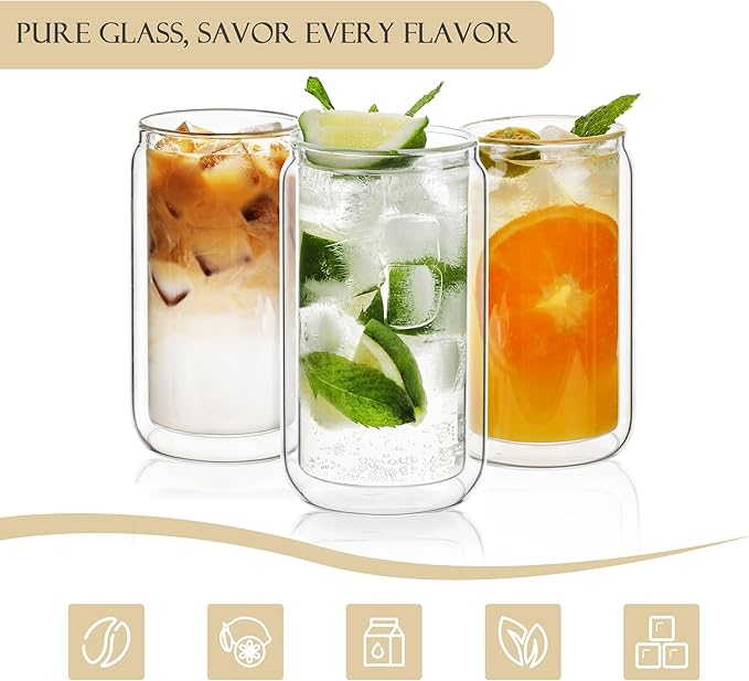 LIBWYS 16oz Double Wall Drinking Glass Cups with Bamboo Lids and Straws, 2 Pc Set – Condensation Resistant Insulated Glass Can Tumblers for Cold Drinks, Iced Coffee, Tea, Juice, Cleaning Brush