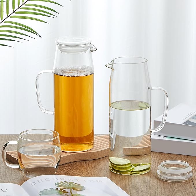 Hsei 2 Sets Glass Pitcher with Lid, 67.6 oz / 2000 ml Water Carafe with Handles Hot Cold Beverage Water Jar Glass Jug for Tea Juice Milk Coffee Iced Beverage (Glass Lid)