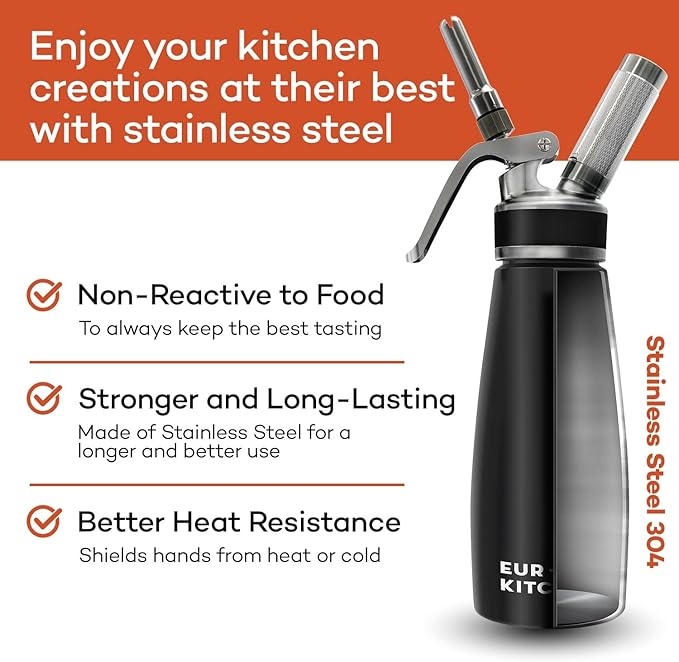 EurKitchen Stainless Steel Professional Whipped Cream Dispenser - Leak-Free Whip Cream Maker Canister - 3 Decorating Nozzles & Cleaning Brush - 1Pint /500 ML Cream Whipper - N2O Charger (Not Included)