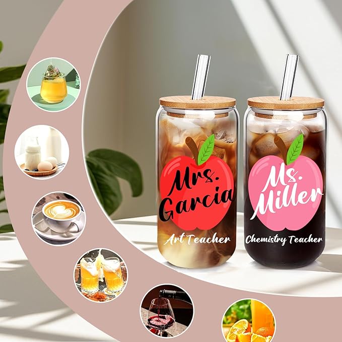 Personalized Tumbler with Name for Teacher- Glass with Lids and Straws-18OZ Iced Coffee Cups with Lids, Cute Glass Cups, Teacher Appreciation Gifts