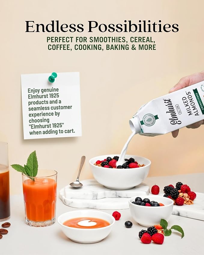 Elmhurst 1925 Unsweetened Almond Milk - 32 Ounce (Pack of 6) Dairy-Free, Vegan, Kosher, No Added Sugar, Shelf Stable Milk Made with Water & Almonds for Healthier, Simpler Plant-Based Alternatives