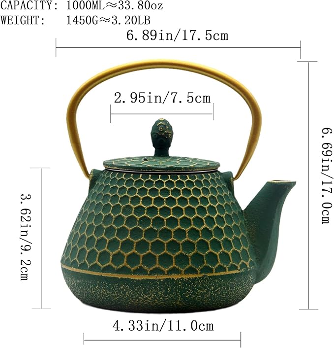 Cast Iron Tea Kettle, Japanese Tetsubin Teapot Coated with Enameled Interior, Durable Cast Iron Teapot with Stainless Steel Infuser for Stovetop Safe(1000ml/34oz)