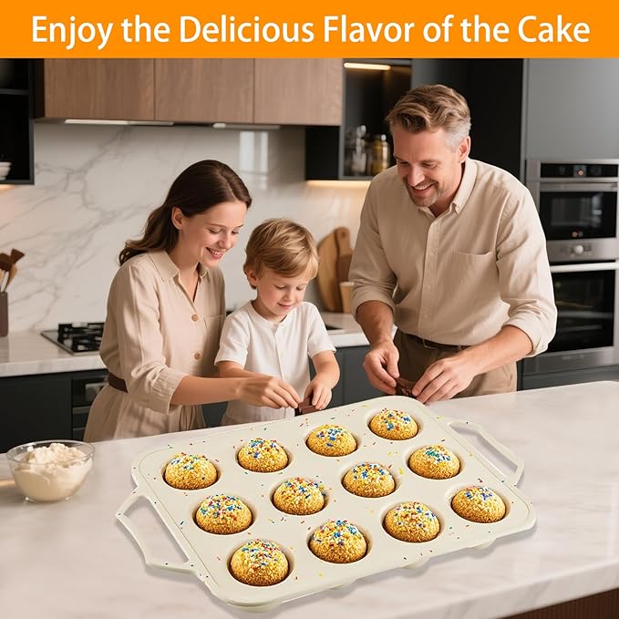 SOV Silicone Muffin Pan for Baking with Metal Reinforced Frame, Non-Stick 12 Cups Muffin Pan for Muffin Cakes, Tart, Bread,Cupcake Baking Pan Molds, Oven & Dishwasher Safe, 2 packs (white-D)