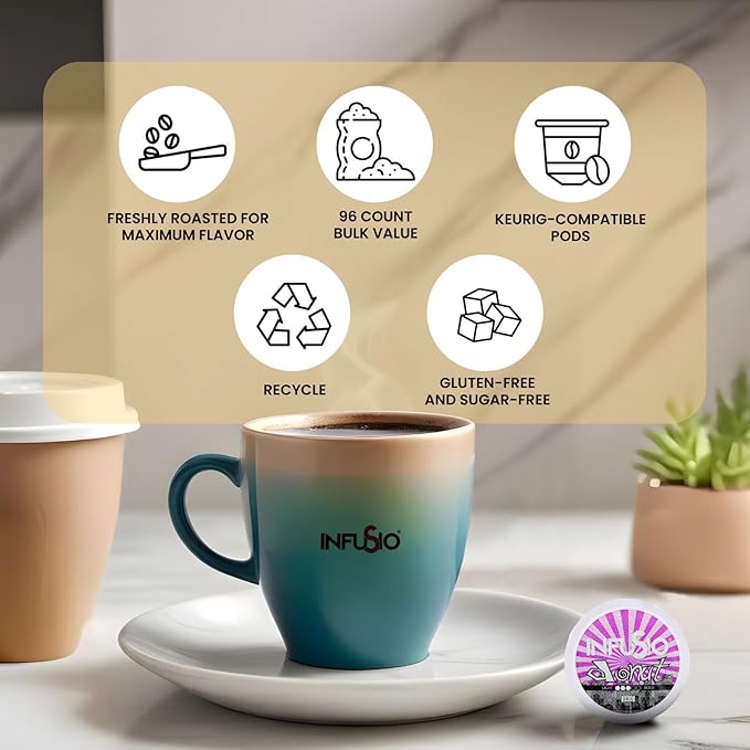 InfuSio Coffee Pods 96 Count Donut Blend Medium Roast Single serve Coffee pods for Keurig K Cups Brewers - InfuSio Premium Roasted Keurig 2.0 Compatible