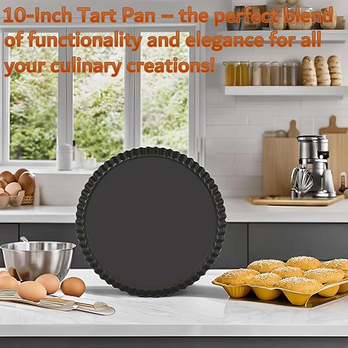 10 Inch Nonstick Tart Pan with Removable Bottom, Carbon Steel Quiche and Pie Pan- 1.1-Inch Depth, Fluted Edges for Baking Tarts, Quiches, Mousse Cakes, and Desserts