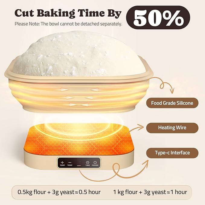 Heating Sourdough Starter Kit, 4L Electric Thermostatic Silicone Square Foldable Banneton Bread Proofing Basket with 6 Timer & Temp Settings for Dough Rising, Dishwasher Safe, Bread Making Kit