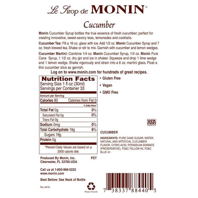 Monin - Cucumber Syrup, Refreshing Sweetness, Natural Flavors, Great for Mocktails, Cocktails, Lemonades, Teas, and Sodas, Non-GMO, Gluten-Free (1 Liter, 2-Pack)
