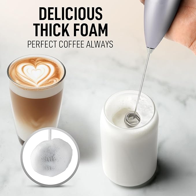 Zulay Kitchen Powerful Double Whisk Milk Frother Handheld - Foam Maker With Stand - Whisk Drink Mixer for Coffee, Mini Foamer for Latte, Matcha, Frappe, Hot Chocolate & Cappuccino (Silver)