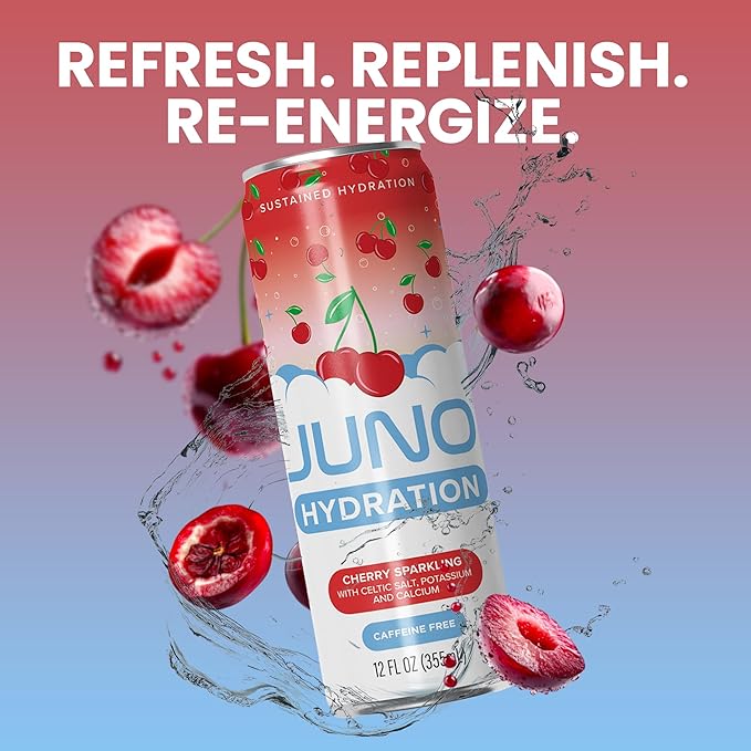 JUNO HYDRATION Organic Cherry Sparkling Drink - Sugar Free Electrolytes Organic Monk Fruit, Sour Cherry Juice, Black Cherry Extract and Hydrating with Celtic Salt, Potassium, Calcium - Premium Refreshing Beverage, 12 Pack