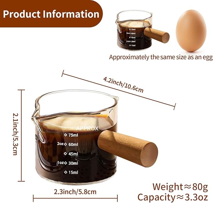 YARRAMATE 3oz Espresso Cups with Wood Handle (2 pack), Clear Glass Espresso Accessories, Double Spout Glass Measuring Cup with Dual Scale, Espresso Shot with V-Shaped Spout