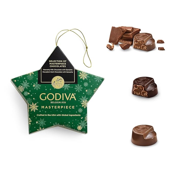 Godiva Holiday Masterpiece Star Ornament, Milk & Dark Chocolates with Ganache, Green and Gold Snowflake Design, Kosher & Halal, 7 Pc