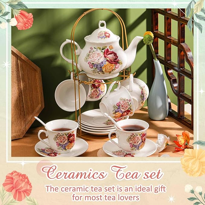 Zhehao 20 Pcs Porcelain Tea Set with Metal Holder and Spoon Adult Ceramic Tea Party Set European Flower Painting Teapot Cup Saucer Spoon for Women, Large Version (Styleish Style)