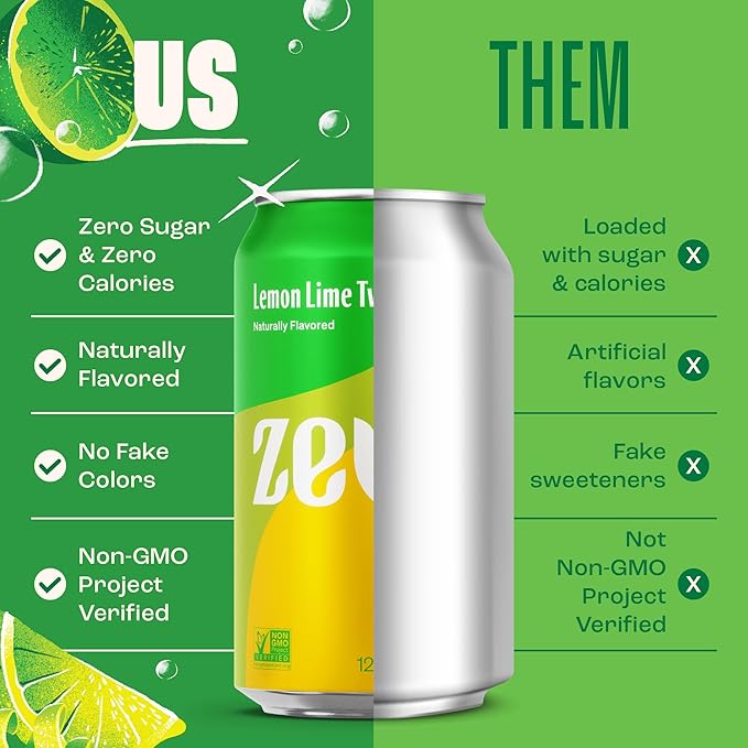 Zevia Zero Sugar Soda, Lemon Lime Twist, 12 oz Cans (24-Pack) – Naturally Sweetened, Non-GMO Project Verified, Gluten-Free, Vegan