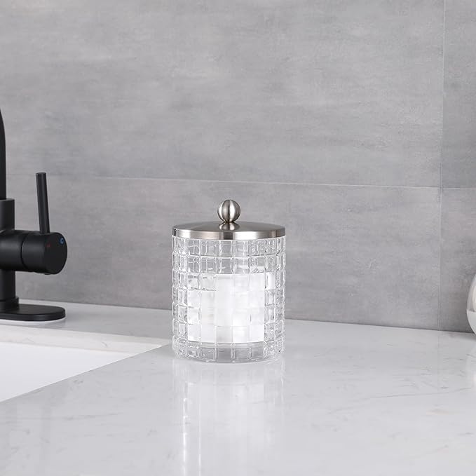 Glass Jar with Metal Lid for Bathroom Organization, Clear Apothecary Jar for Cotton Balls, Q Tips, and Small Accessories, Stylish Bathroom Storage Container Clear, Nickel