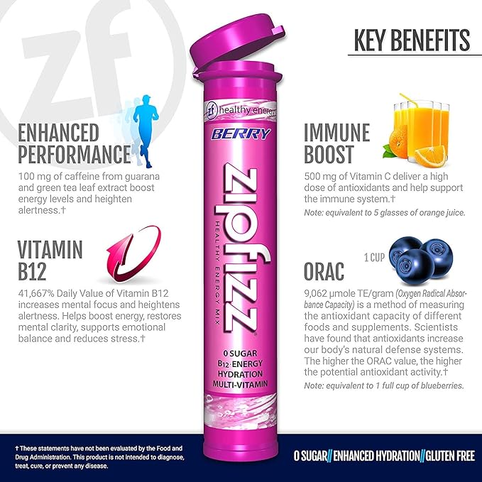 Zipfizz Daily Energy Drink Powder, Berry, 12 Pack | 3-in-1 Sustained Energy, Rapid Hydration, and Essential Vitamins | Sugar-Free | Electrolyte Powder | Contains Vitamin B-12 & Antioxidants