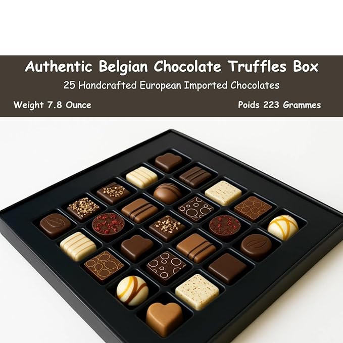Andy Anand Chocolatier Belgian Chocolate Truffles Gift Box Handcrafted Gluten Free Gourmet Chocolate European Imported Chocolate Truffles Perfect as Chocolate Gifts For Women (25 Pcs,7.8 Oz)