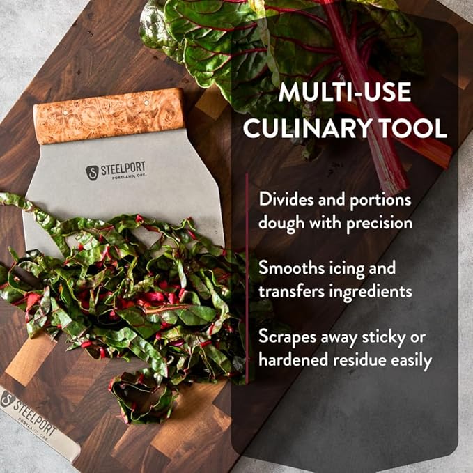 STEELPORT Bench Scraper | USA Made Premium Stainless Steel Dough Cutter & Shaper | Ideal as Bread, Pizza, Pastry Cutter | 18 Gauge Steel Blade, Tapered Oregon Maple Burl Handle | Home & Commercial Use