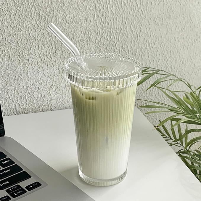 13oz Clear Iced Coffee Cups with Lids, Clear Glass Tumbler with Straw & Lid, Ribbed Glassware Cups, Dishwasher Safe Drinking Glasses, Stylish Glass Cups for Coffee, Juice, Tea, Matcha