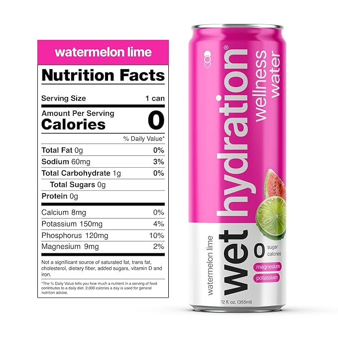 Wet Hydration | Functional Wellness Water, Non-Carbonated - Watermelon Lemon Lime (12 Ounce Cans, Pack of 12) - Flavored Water, Hydration Drink, No Sugar, No Artificial Ingredients, Zero Calories