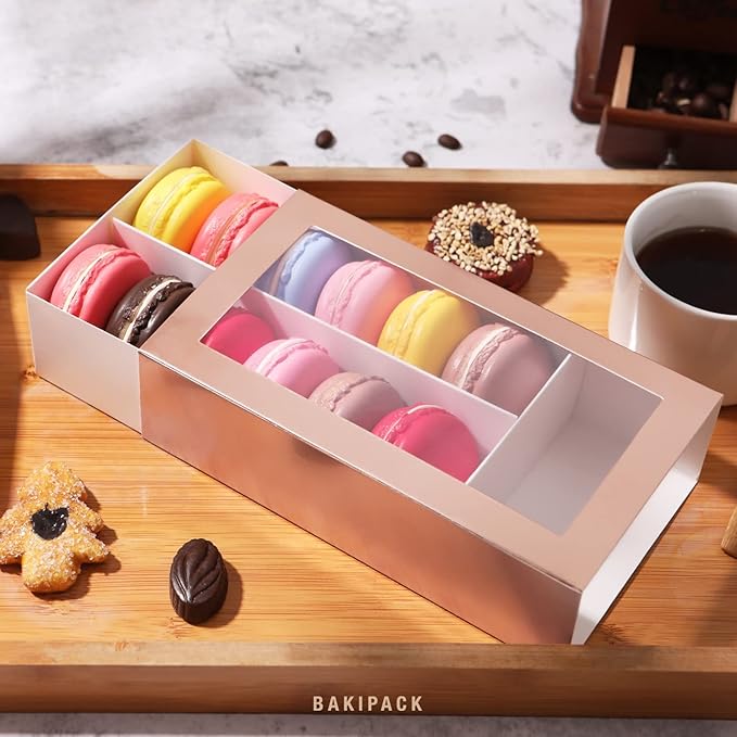 15 Macaron Boxes, Macaron Gift Box for 12 (Interior Measurement 7.3×4.2 ×1.9 Inches), Macaron Packaging Boxes with Clear Window Rose Gold without Macarons inside