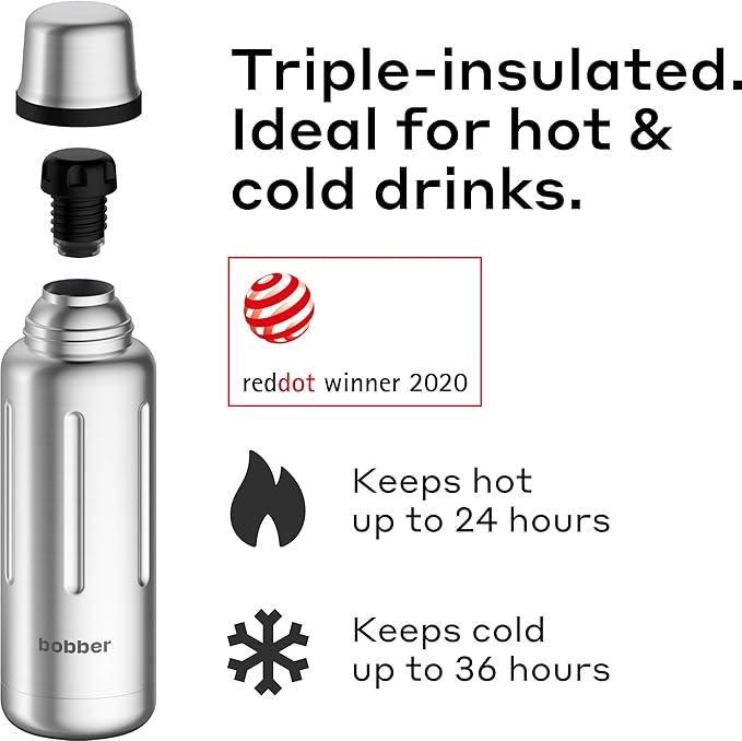 BOBBER 16 oz Vacuum Insulated Stainless Steel Water Bottle with Cup Lid – Dishwasher Safe – Keeps Drinks Hot for 24 Hours and Cold for 36 Hours – Triple Walled Coffee Thermos for Hot Drinks (Matte)