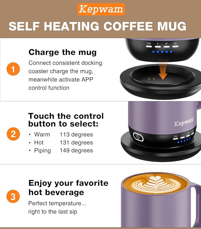 Heated Coffee Mug T1-14oz Fast Heating & Longer Battery Life Self Heating Coffee Mug Hot to 149℉ - Touch & App Controlled Mug Coffee and Hot Beverage Warmer, Gifts for Women and Men