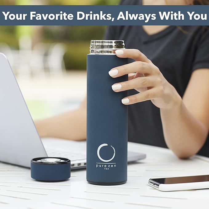 Pure Zen Tea Thermos with Infuser for Hot and Cold Infusions - Stainless Steel - Tea Infuser Bottle - Leakproof Travel Mug with Filter - 15oz - Blue