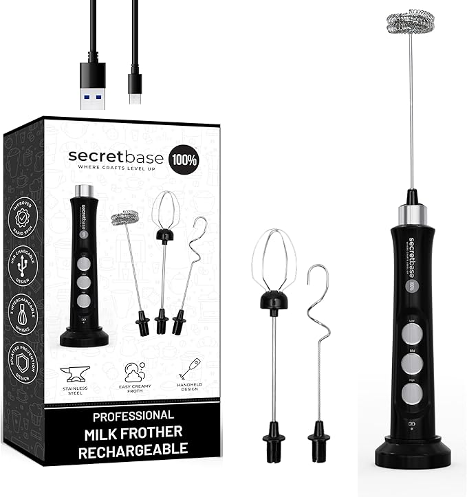 Secretbase 3 Speed Rechargeable Milk Frother Handheld, USB Charging Cradle - Stainless Steel Whisk for Bulletproof Coffee, Espresso Whipper, Mini Electric Stirrer (Black Frother without Pitcher)
